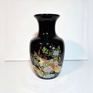 Japanese Black Peacock Floral 8.5" Vase Vintage Colorful Ceramic Home Decor